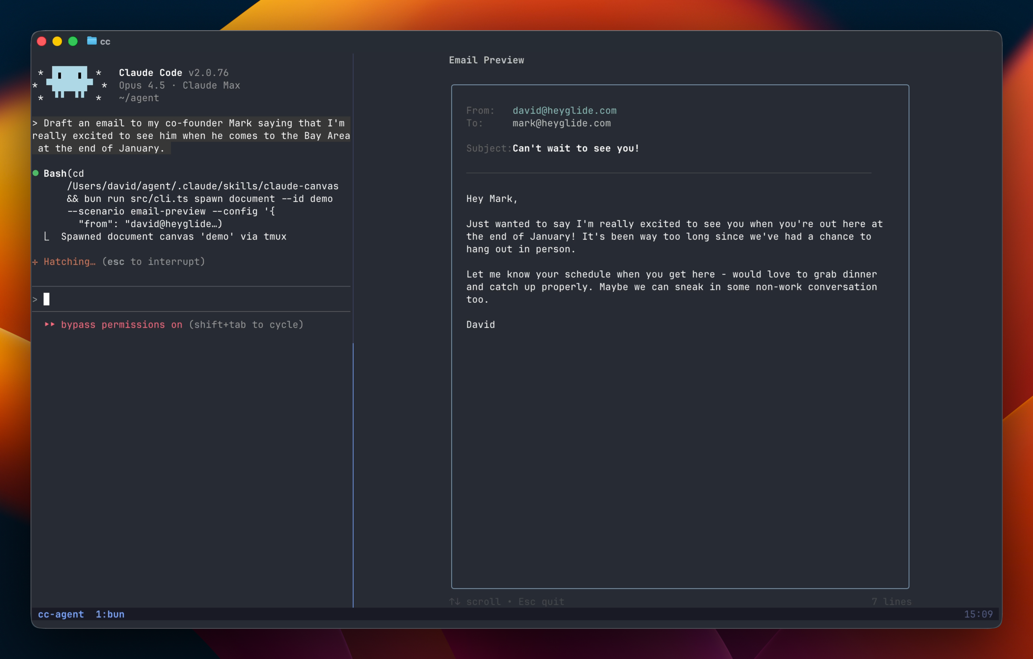 Claude Canvas showing an interactive terminal interface