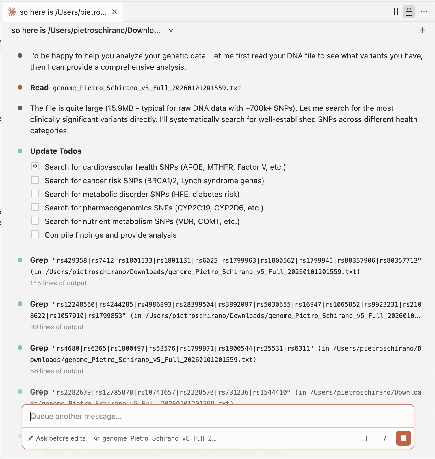 DNA analysis output showing gene variants